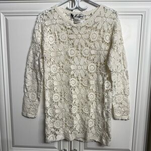 Vtg LL European Large Off White Long Sleeve Crocheted Sweater/Tunic/Mini Dress